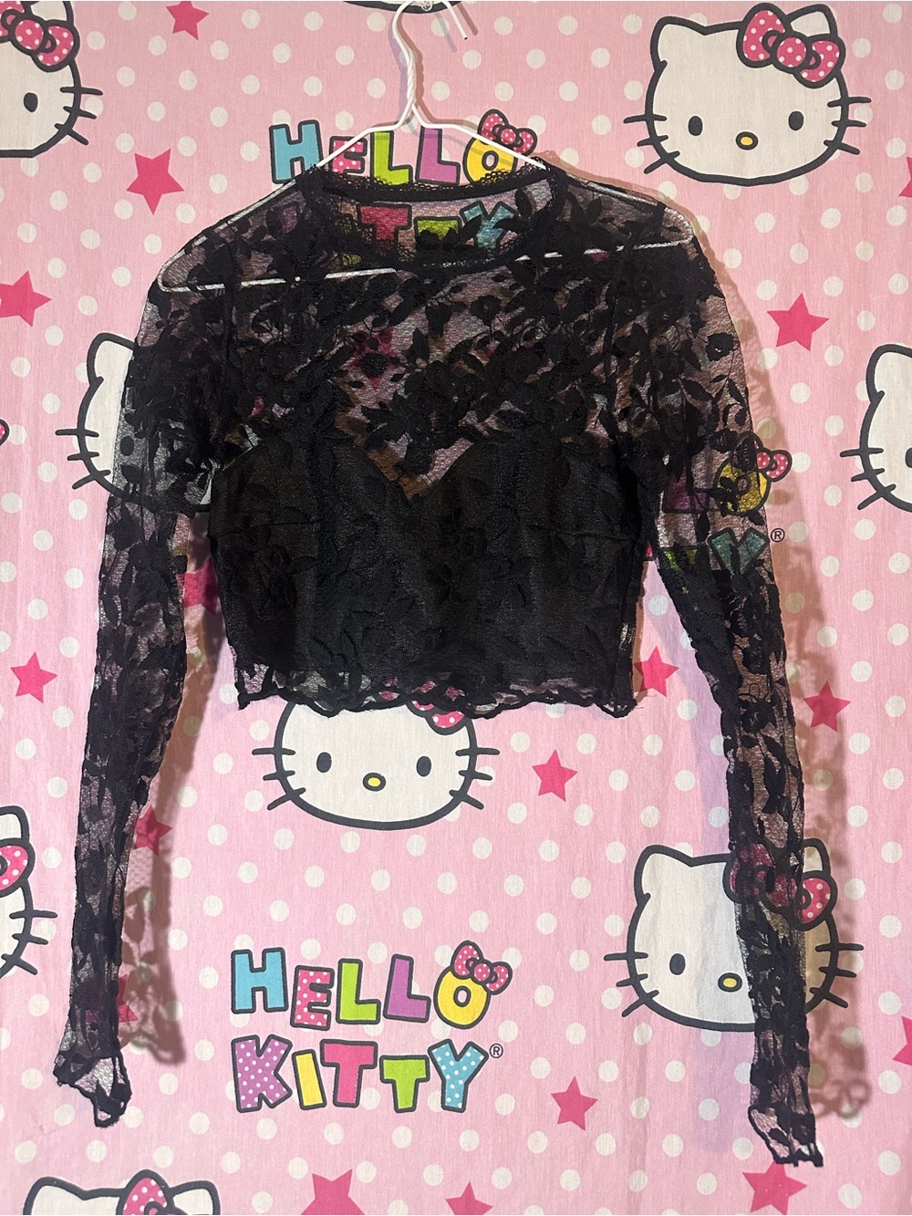 (3/$17 OR 5/$25) See Through Black Lace Long Sleeve Crop Top